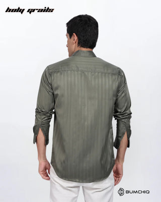 Guy in Streetwear 'Olive Green Stripes' Solid Polycotton Full Sleeve Slim Fit Shirt HG x Bumchiq - Back