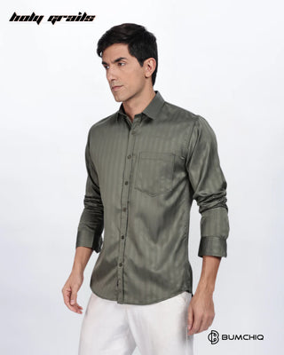 Guy in Streetwear 'Olive Green Stripes' Solid Polycotton Full Sleeve Slim Fit Shirt HG x Bumchiq - Front Side 1