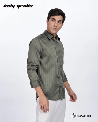 Guy in Streetwear 'Olive Green Stripes' Solid Polycotton Full Sleeve Slim Fit Shirt HG x Bumchiq - Front Side 2