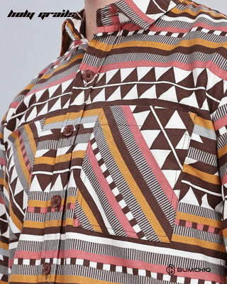 Guy in Streetwear 'Orange Aztec' Full Sleeve 70% Cotton 30% Polyester Overshirt HG x Bumchiq - Front Pocket Close Up