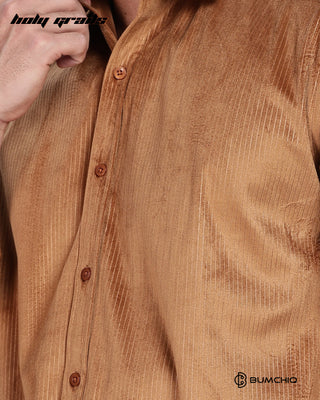 Guy in Streetwear 'Pleat Creased' Beige Solid Polyester Full Sleeve Slim FIt Shirt HG x Bumchiq - Front Close Up