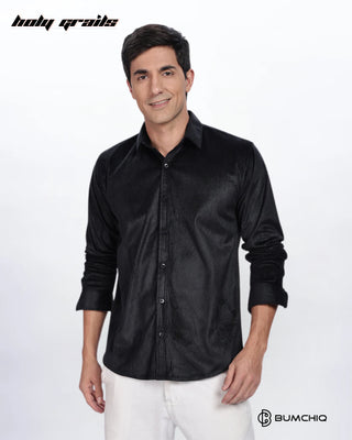 Guy in Streetwear 'Pleat Creased' Black Polyester Full Sleeve Slim Fit Shirt HG x Bumchiq - Front