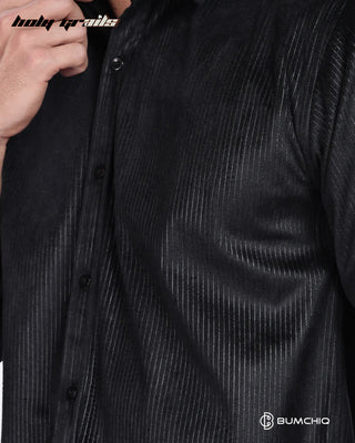 Guy in Streetwear 'Pleat Creased' Black Polyester Full Sleeve Slim Fit Shirt HG x Bumchiq - Front Close Up