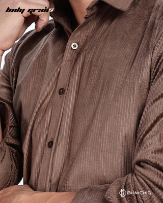 Guy in Streetwear 'Pleat Creased' Brown Polyester Full Sleeve Slim Fit Shirt HG x Bumchiq - Front Close Up