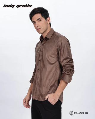 Guy in Streetwear 'Pleat Creased' Brown Polyester Full Sleeve Slim Fit Shirt HG x Bumchiq - Front Side 1