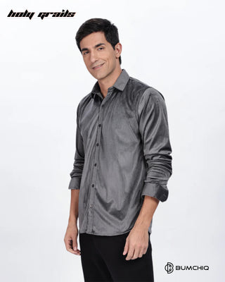 Guy in Streetwear 'Pleat Creased' Grey Solid Polyester Full Sleeve Slim Fit Shirt HG x Bumchiq - Front Side 1