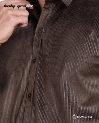 Guy in Streetwear 'Pleat Creased' Solid Lavish Brown Polyester Full Sleeve Slim Fit Shirt HG x Bumchiq - Front Close Up