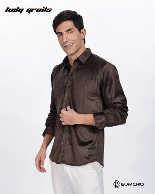 Guy in Streetwear 'Pleat Creased' Solid Lavish Brown Polyester Full Sleeve Slim Fit Shirt HG x Bumchiq - Front Side 1