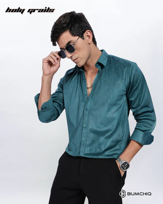 Guy in Streetwear 'Pleat Creased' Teal Solid Polyester Full Sleeve Slim Fit Shirt HG x Bumchiq - Front