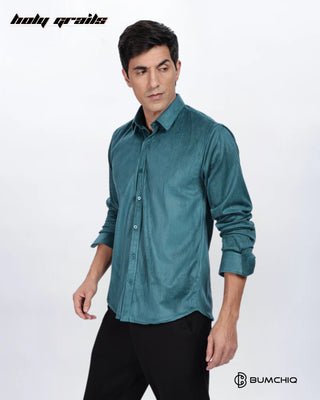 Guy in Streetwear 'Pleat Creased' Teal Solid Polyester Full Sleeve Slim Fit Shirt HG x Bumchiq - Front Side 1