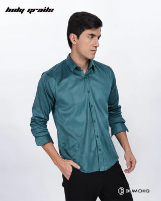 Guy in Streetwear 'Pleat Creased' Teal Solid Polyester Full Sleeve Slim Fit Shirt HG x Bumchiq - Front Side 2