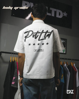 Guy in Streetwear 'Pvt' White 100% Cotton Half Sleeve Over-Shirt HG x Pvt Ltd - Back