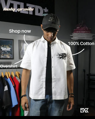 Guy in Streetwear 'Pvt' White 100% Cotton Half Sleeve Over-Shirt HG x Pvt Ltd - Front with Infographic