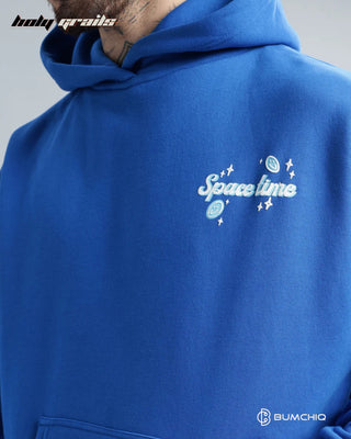 Guy in Streetwear 'Space Time' Blue 350-370 GSM 100% Cotton Puff Print Oversize Hoodie HG x Bumchiq - Front Print Close Up