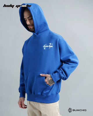 Guy in Streetwear 'Space Time' Blue 350-370 GSM 100% Cotton Puff Print Oversize Hoodie HG x Bumchiq - Front Side Hood On