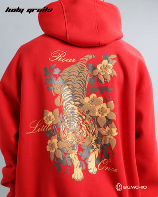 Guy in Streetwear 'Tiger Roar' Red 350-370 GSM 100% Cotton Puff Print Oversize Hoodie HG x Bumchiq - Back Print Close Up