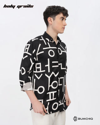 Guy in Streetwear 'White Abstract' Black Imported Fabric Slim Fit Full Sleeve Shirt HG x Bumchiq - Front Side 1