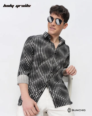 Guy Sitting on Chair in Streetwear 'White Dotted Abstract' Black Imported Fabric Full Sleeve Slim Fit Shirt HG x Bumchiq - Front