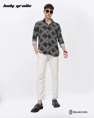 Guy Standing in Streetwear 'White Dotted Abstract' Black Imported Fabric Full Sleeve Slim Fit Shirt HG x Bumchiq - Front Full