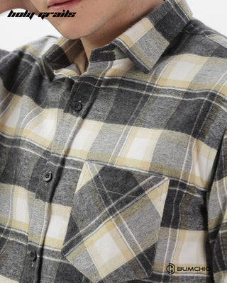 Guy in Streetwear 'Yellow-Grey Flannel' 100% Cotton Checkered Full Sleeve Overshirt HG x Bumchiq - Front Pocket Close Up