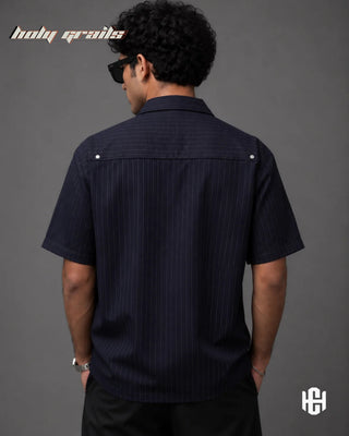 Guy in 'Pinstriped Clasp' Dark Blue Premium Pinstripe Fabric Half Sleeve Shirt HG x Charactr - Back