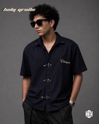 Guy in 'Pinstriped Clasp' Dark Blue Premium Pinstripe Fabric Half Sleeve Shirt HG x Charactr - Front