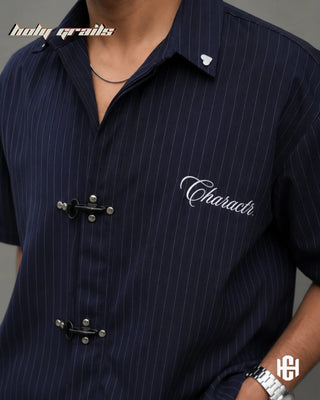 Guy in 'Pinstriped Clasp' Dark Blue Premium Pinstripe Fabric Half Sleeve Shirt HG x Charactr - Front Close Up