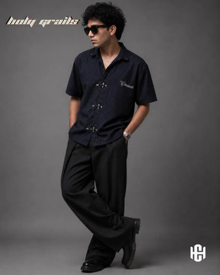 Guy in 'Pinstriped Clasp' Dark Blue Premium Pinstripe Fabric Half Sleeve Shirt HG x Charactr - Front Full