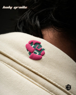 Guy in 'The Junoon' Off White & Bold Pink 100% French Terry Cotton Relaxed Boxy Fit Shirt HG x Charactr - Back Print Collar Close Up