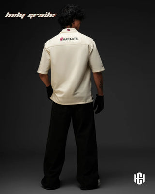 Guy in 'The Junoon' Off White & Bold Pink 100% French Terry Cotton Relaxed Boxy Fit Shirt HG x Charactr - Back Full