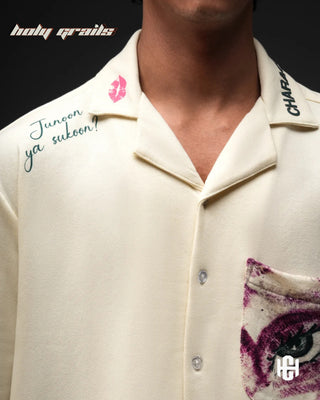 Guy in 'The Junoon' Off White & Bold Pink 100% French Terry Cotton Relaxed Boxy Fit Shirt HG x Charactr - Front Close Up