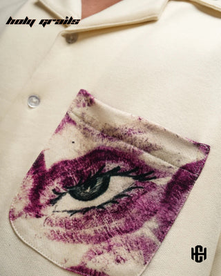 Guy in 'The Junoon' Off White & Bold Pink 100% French Terry Cotton Relaxed Boxy Fit Shirt HG x Charactr - Front Pocket Close Up