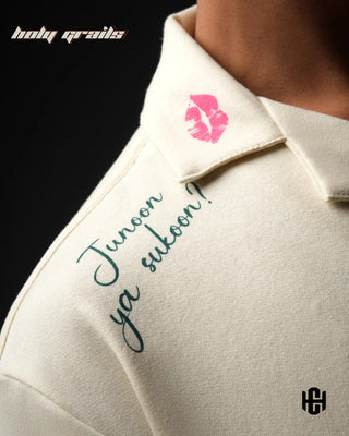 Guy in 'The Junoon' Off White & Bold Pink 100% French Terry Cotton Relaxed Boxy Fit Shirt HG x Charactr - Front Right Shoulder Close Up