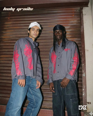 Guys in Street Style 'Vampire's Love' Washed Charcoal Grey Cotton with Red Distressed Print Shirt HG x Pvt Ltd - Front Side