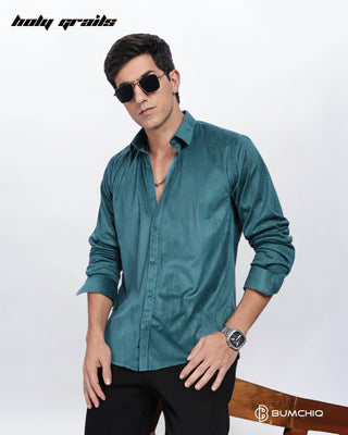 Guy with Chair in Streetwear 'Pleat Creased' Teal Solid Polyester Full Sleeve Slim Fit Shirt HG x Bumchiq - Front