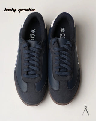 Hand Crafted 'Axis' Navy Blue Low Top Vegan Leather With Vegan Suede Sneaker HG x Cos Tan - Top