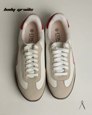 Hand Crafted 'Axis' White Ivory Low Top Vegan Leather With Vegan Suede Sneaker HG x Cos Tan - Top With White Laces