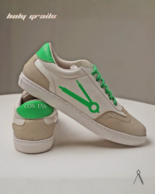 Hand Crafted 'GAT Green Accent' White Brown Low Top Vegan & Suede Leather Sneaker HG x Cos Tan - Side & Back