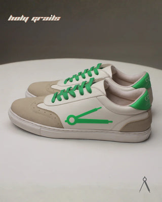 Hand Crafted 'GAT Green Accent' White Brown Low Top Vegan & Suede Leather Sneaker HG x Cos Tan - Sides