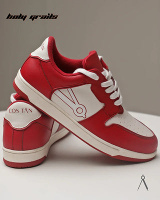 Hand Crafted 'Low Ball Classic' Red & White Low Top 100% Vegan Leather Sneaker HG x Cos Tan - Side & Back