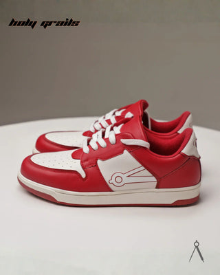 Hand Crafted 'Low Ball Classic' Red & White Low Top 100% Vegan Leather Sneaker HG x Cos Tan - Sides