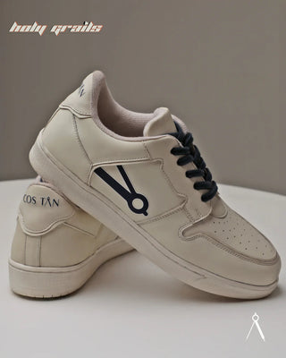 Hand Crafted 'Low Ball Signature' White Low Top 100% Vegan Leather Sneaker HG x Cos Tan - Side & Back