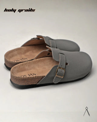 Hand Crafted 'Root' Basalt Grey Unisex Full Textile Suede Natural Cork Footbed Easy Slip-On Clog HG x Cos Tan - Back Sides