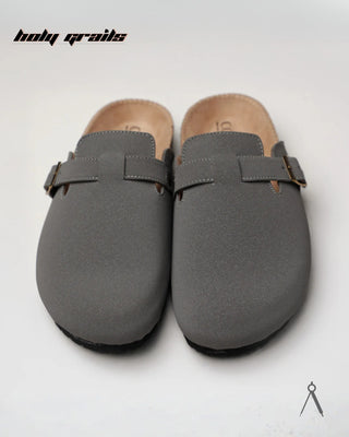 Hand Crafted 'Root' Basalt Grey Unisex Full Textile Suede Natural Cork Footbed Easy Slip-On Clog HG x Cos Tan - Front