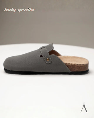 Hand Crafted 'Root' Basalt Grey Unisex Full Textile Suede Natural Cork Footbed Easy Slip-On Clog HG x Cos Tan - Side