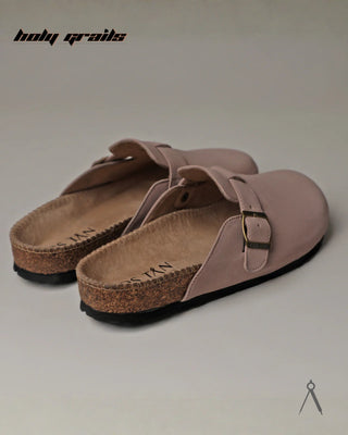 Hand Crafted 'Root' Blush Pink Baby Pink Unisex Full Textile Suede Natural Cork Footbed Easy Slip-On Clog HG x Cos Tan - Back Sides