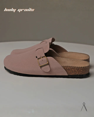 Hand Crafted 'Root' Blush Pink Baby Pink Unisex Full Textile Suede Natural Cork Footbed Easy Slip-On Clog HG x Cos Tan - Sides