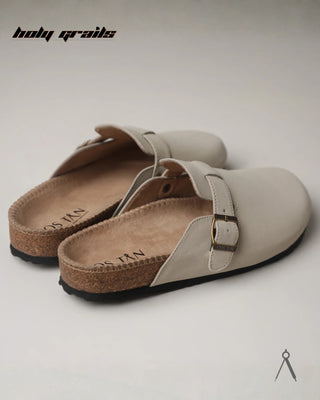 Hand Crafted 'Root' Classic Beige Full Textile Suede Natural Cork Footbed Easy Slip-On Clog HG x Cos Tan - Back Sides