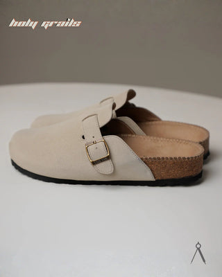 Hand Crafted 'Root' Classic Beige Full Textile Suede Natural Cork Footbed Easy Slip-On Clog HG x Cos Tan - Sides