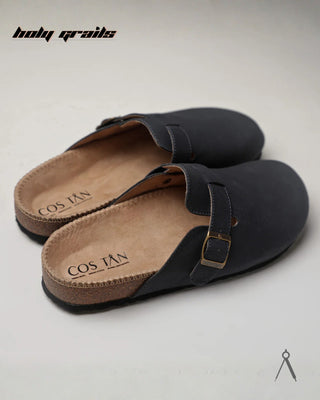 Hand Crafted 'Root' Deep Tide Navy Blue Unisex Full Textile Suede Natural Cork Footbed Easy Slip-On Clog HG x Cos Tan - Back Sides